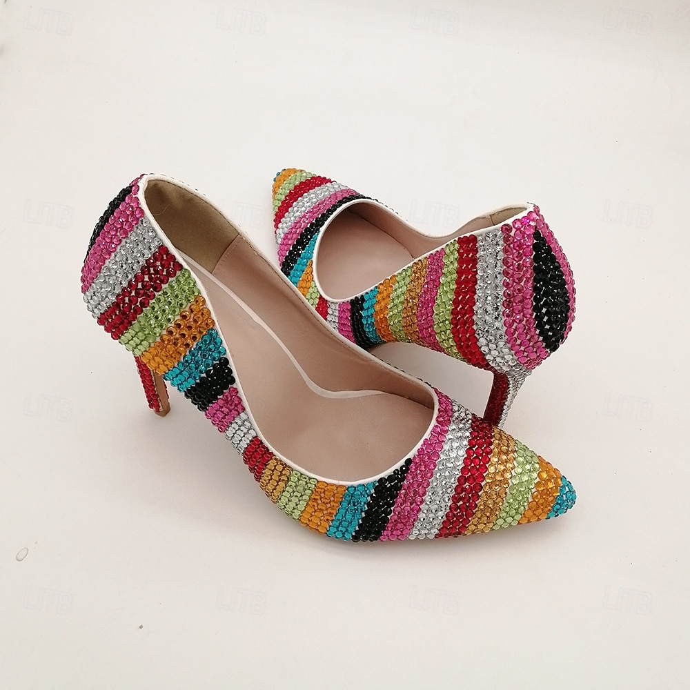 Women's Multicolor Rhinestone High Heels - Sparkling Striped Pointed Toe Pumps for Parties, Celebrations, and Special Events 2026 - $79.99 –P8