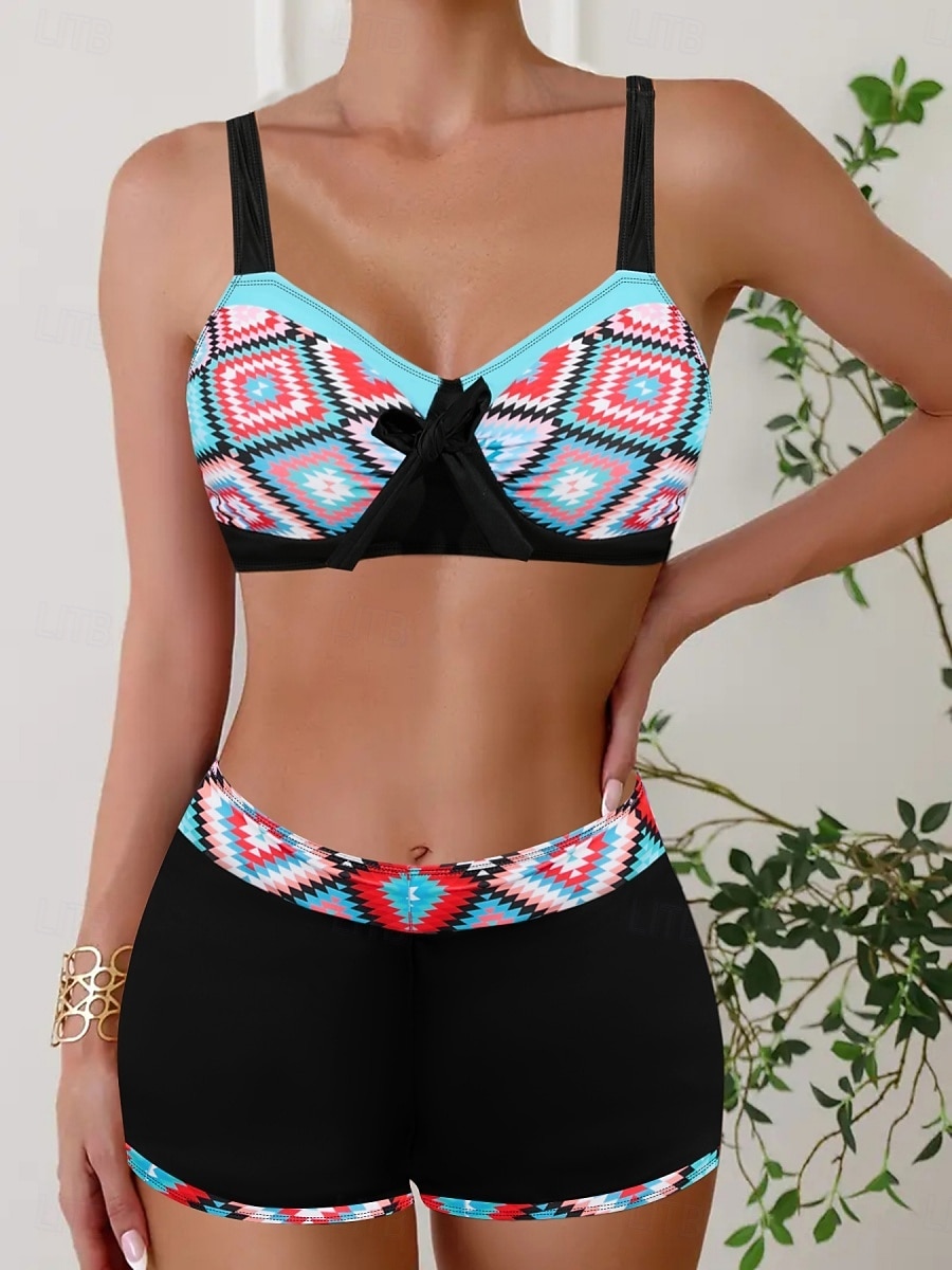 Dame Bikini 2 Delt Badedrakt Boho Shorts Slim Uten Rygg Ferie Strand Bekledning Fargeblokk Geometrisk V Hals Uten Ermer Badedrakter 2026 - $19.99 –P5