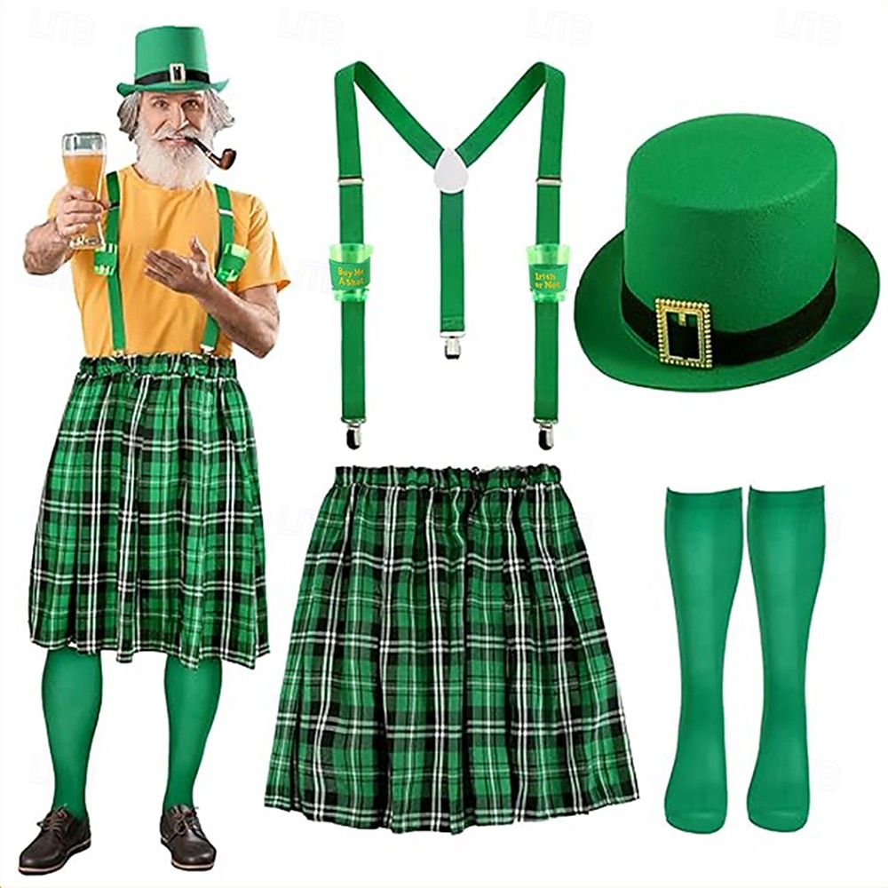 St. Patrick 2026 Leprechaun Shamrock Irish Carnival Fancy Costume Kilts Y-Back Suspenders Novelty Funny Adults' Men's Saint Patrick's Day Casual Party Easy Carnival Costume Dress Up 2026 - $38.99 –P1