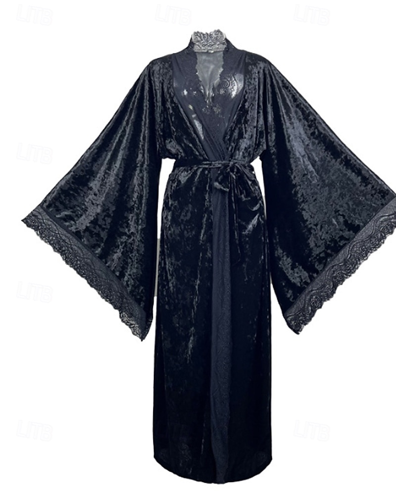 Women's Robe Casual Soft Satin Pure Color Lace Patchwork Daily Home Bed Long Sleeve V Neck Black White Wine Summer Spring Loose Fit 2026 - E£2245.39 –P9