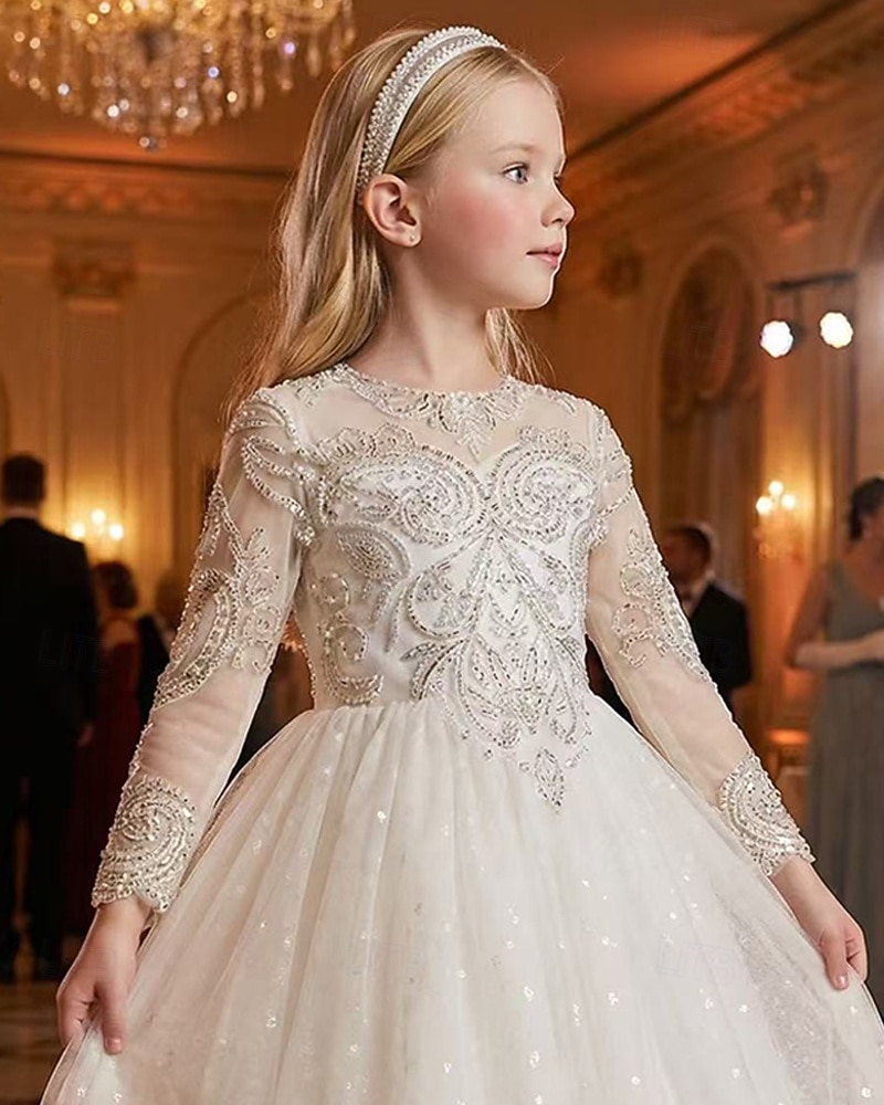 Flower Girl Dress Kid's Girls' Princess Dress Performance Wedding Party  Elegant Beautiful Lace Mesh Solid Color Long Sleeve Crew Neck White 4  years+ 2026 - 101.91