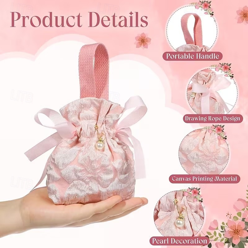 Lot de 6 élégants sacs cadeaux à cordon coulissant, à motif floral et poignées - rose pâle - parfaits pour les mariages, anniversaires, fêtes prénatales - fermeture sécurisée - idéaux pour les cadeaux de 2026 ? $16.99 –P5