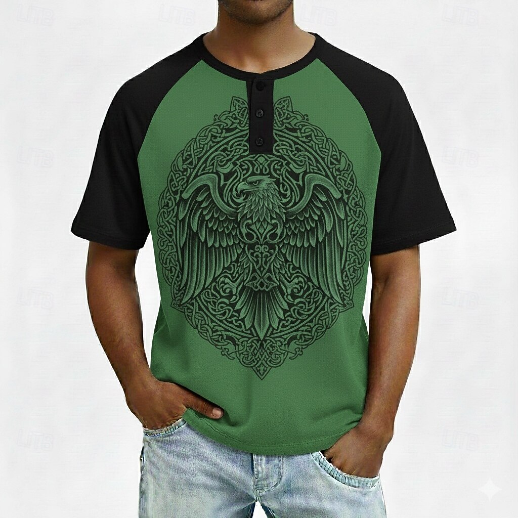 Men's Eagle Viking Henley Shirt Short Sleeve Fashion Designer Vintage Style Daily Outdoor Spring Spring &  Fall All Seasons Dark Blue Dark Green Gray Henley Henley T-Shirt 2026 - $20.99 –P2