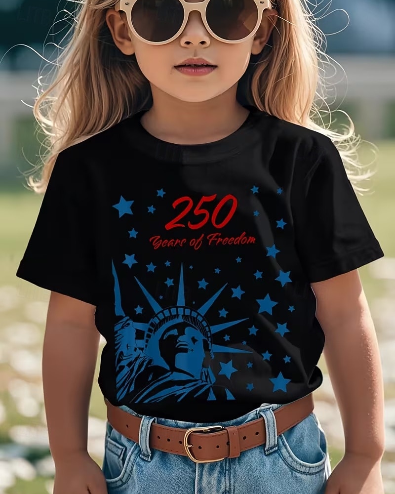 100% Baumwolle Kinder Mädchen Schwarz Grafik Freiheitsstatue 250-jähriges Jubiläum Amerikanische US-Flagge für Kinder T-Shirt Rundhalsausschnitt Kurzarm Urlaub Sport & Outdoor Alltagskleidung Aktiv 2026 - $19.99 –P1