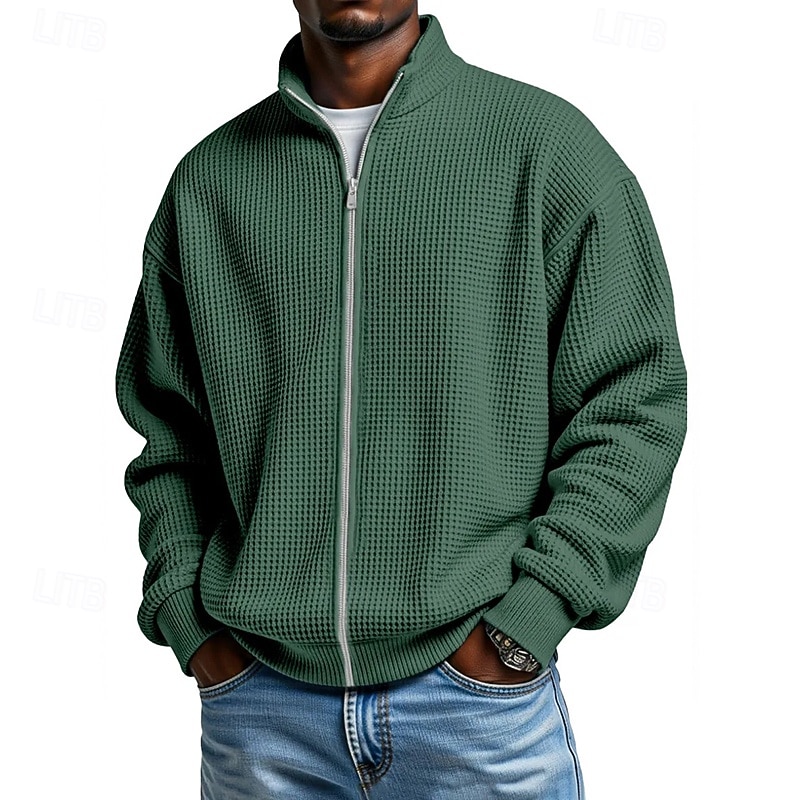 Herren Sweatshirt Waffel-Sweatshirt Pullover Kapuzensweatshirt Pullover Sweatshirt mit durchgehendem Reißverschluss Aprikose Schwarz Weiß Hellgrün Armeegrün Stehkragen Einfach Strukturiert Lässig 2026 - $28.99 –P8