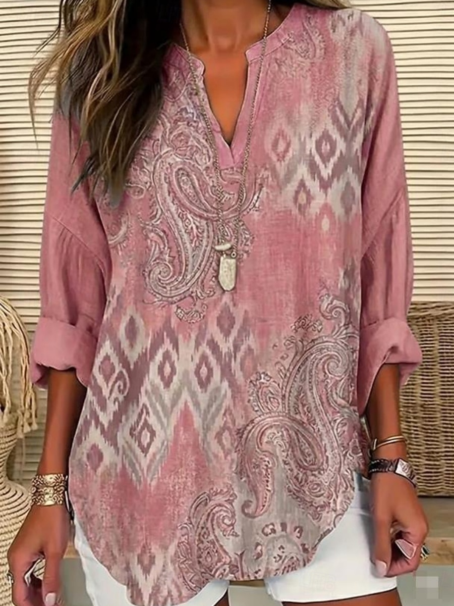Per donna Camicia Tunica Stampato Grafico Geometrico Bohemien Vintage Quotidiano Manica Lunga Scollo a V Top Regolari Quotidiano Ferie Rosa Estate Primavera del 2026 a $34.99 –P1