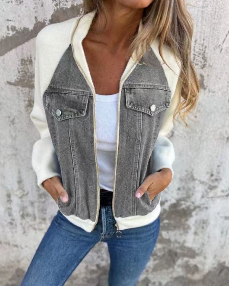 Women's Casual Jacket Denim Jacket Warm Comfortable Zipper Pocket Retro Casual Color Block Vacation Home Daily Wear Going out Regular Stand Collar Regular Fit Long Sleeve Outerwear Blue Black White 2026 - $37.99 –P6