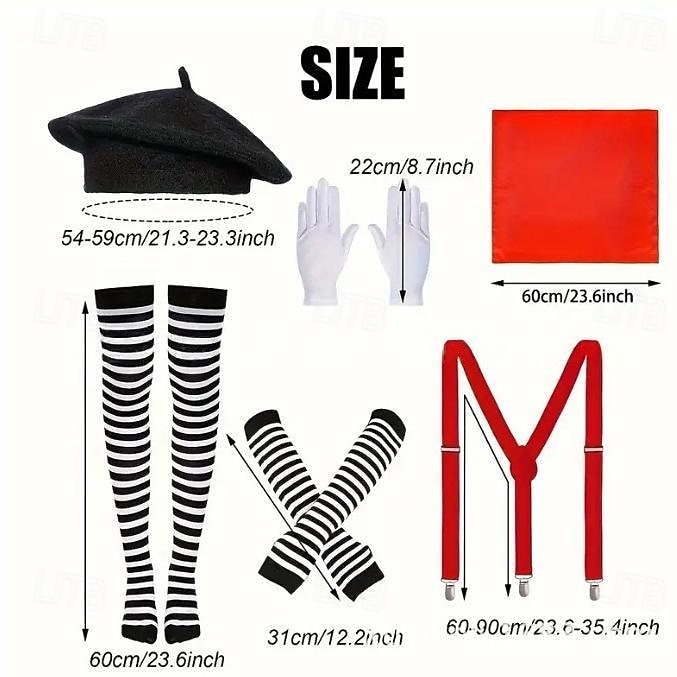 Mehre Accessoires Ausgefallene Kostüme Pantomimenkünstler Pantomime-Clown Zirkus Cosplay-Kostüm Gestreift Erwachsene Damen Halloween Karneval Party Leistung Verkleiden 2026 - $41.99 –P4