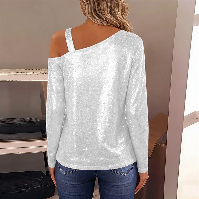 Damen Bluse Elegante Oberteile Pailletten-Oberteile Gerafft Pailletten Patchwork Einfarbig Einfach Elegant Vintage Stilvoll Langarm Asymmetrisch Normale Oberteile Täglich Arbeit Ausgehen Blau Schwarz 2026 - $12.99 –P12