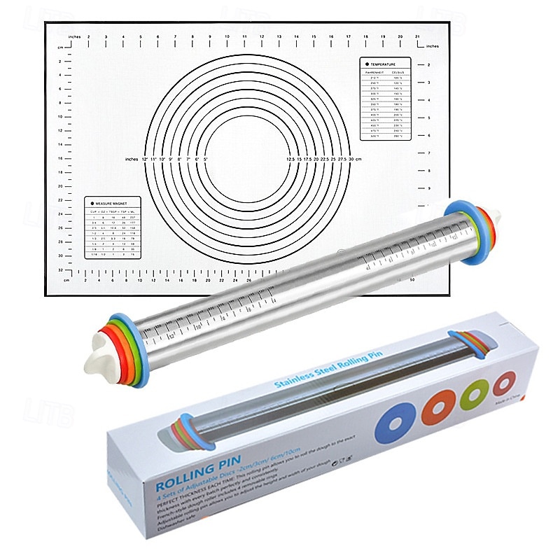 Deegroller met verstelbare dikte en mat, roestvrijstalen deegroller met maatverdeling, verstelbare dikte voor het bakken, inclusief mat en deegset voor gemakkelijk uitrollen. 2026 - $26.99 –P13