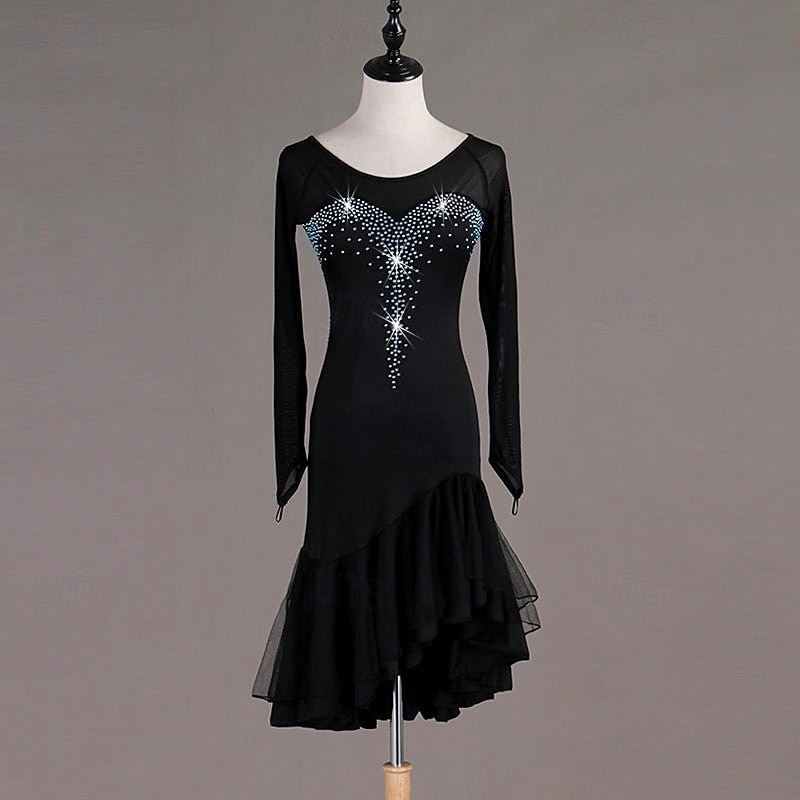 Women's Black Rhinestone Latin Dance Dress - Long Sleeve Mesh Ruffled Asymmetrical Ballroom Performance Dress 2026 - $150.99 –P7