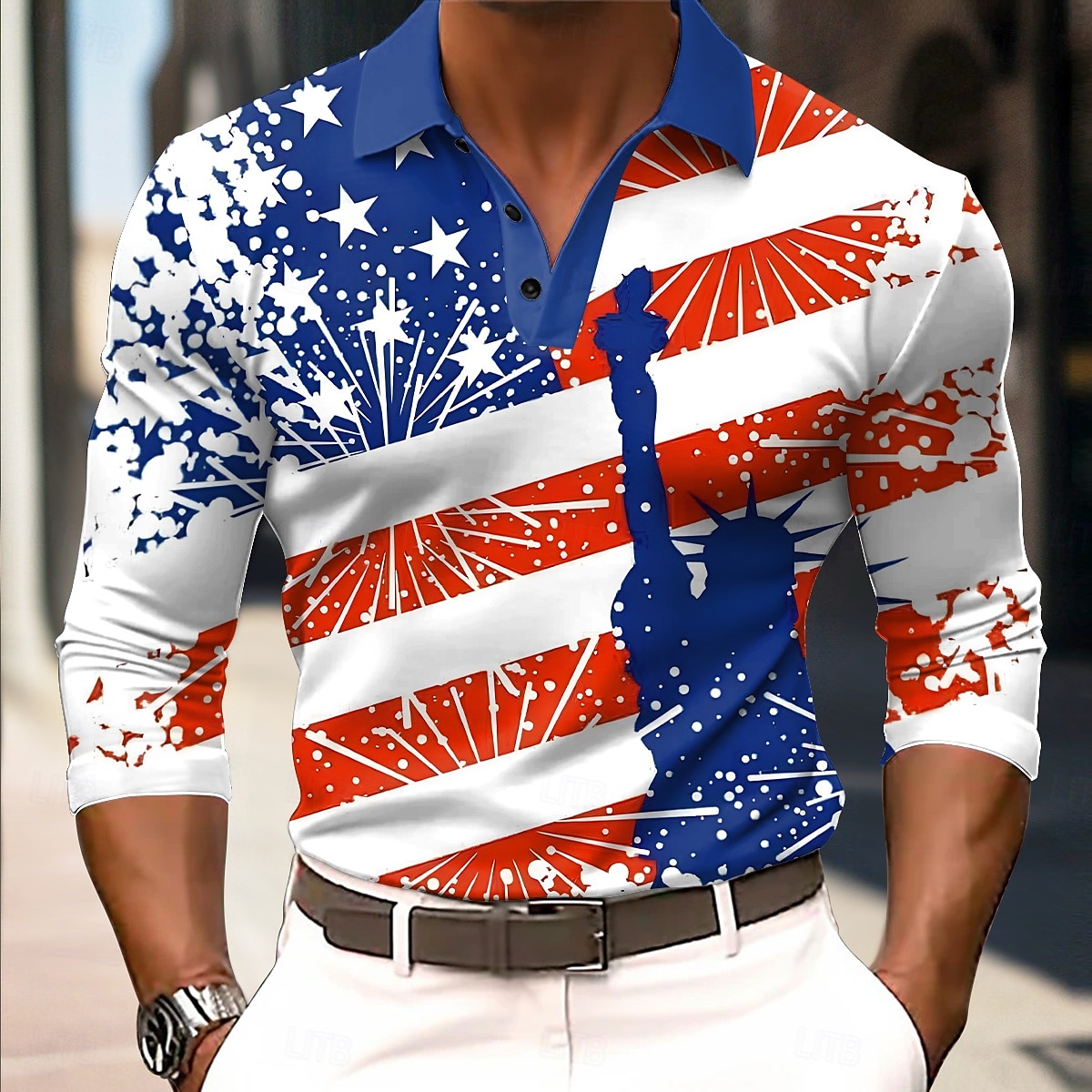2026 250. Herren Amerikanische US-Flagge Polo Langarm Polo-Shirts Revers Lässig Street Daily Wear Festival Outfit 3D-Druck Knöpfe Frühling Herbst Winter Blau Blau 1 Blau 3# 2026 - $22.99 –P1
