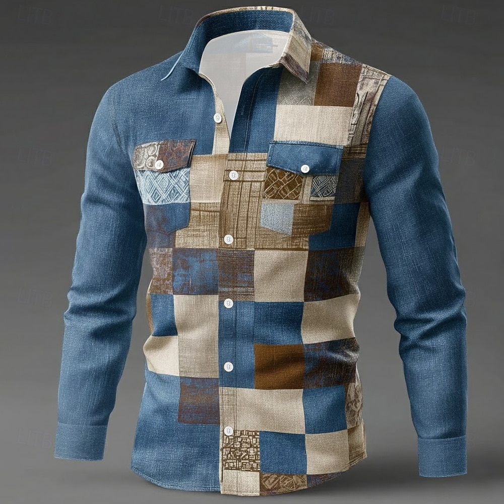 Voor heren Geometrisch Kleurenblok Lapwerk Overhemd Overhemd met knopen Lange mouw Mode-casual Buiten Dagelijks gebruik Lente Herfst Strijkijzer Twee zakken aan de voorkant Linnenachtig shirt blauw 2026 - $27.99 –P1