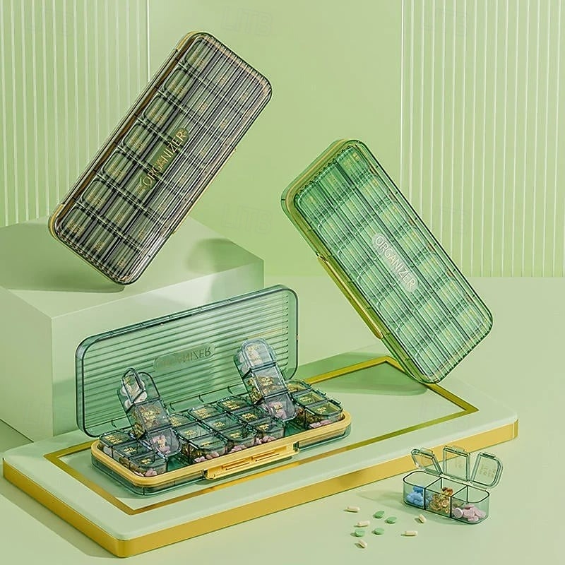 heti 7 napos gyógyszertároló doboz, hordozható gyógyszerrendező 14/21 rekesszel, nedvességálló utazó gyógyszertok mindennapi használatra, praktikus gyógyszertároló doboz 2026 - $21.99 –P4