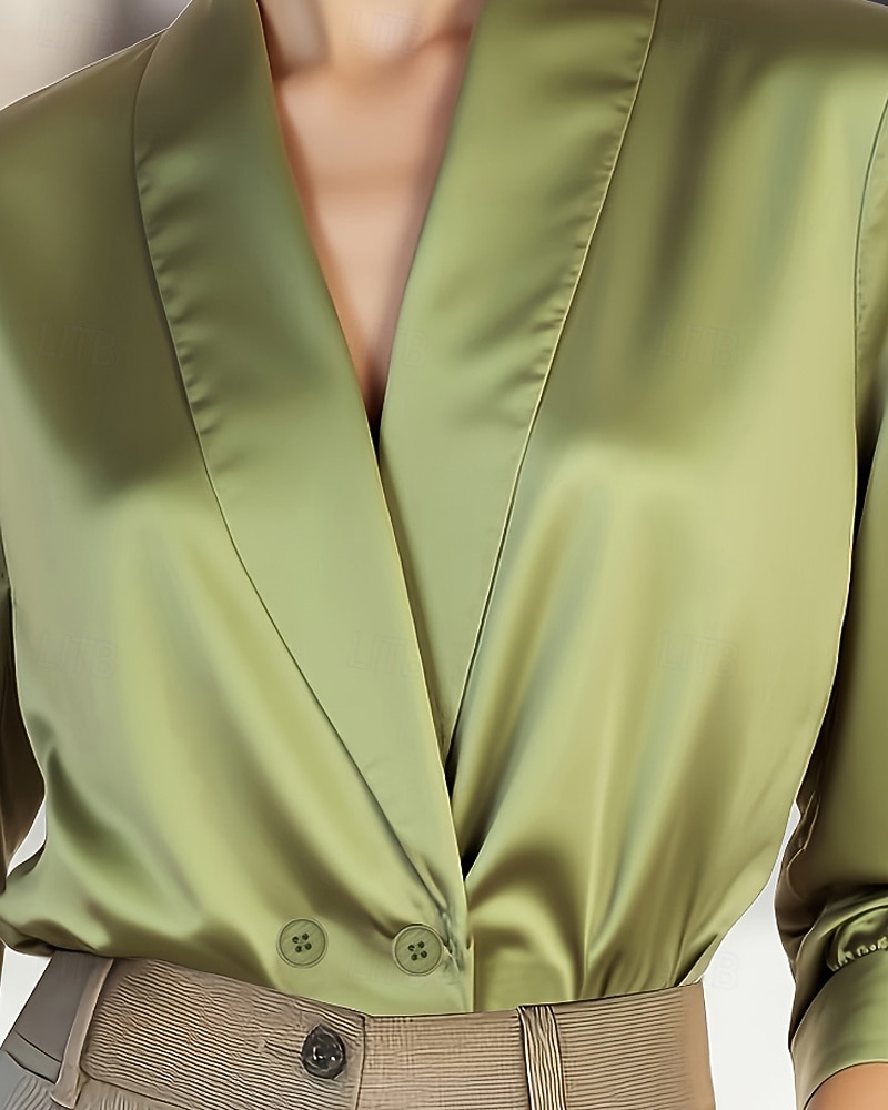 Γυναικεία Πουκάμισο Κομψή Σατέν Μπλούζα Μπλούζα Κουμπιά Σκέτο Στυλάτο Καθημερινό Μακρυμάνικο Λαιμόκοψη V Κανονικά μπλουζάκια Καθημερινά Αργίες Εξόδου Πράσινο του τριφυλλιού Καλοκαίρι Άνοιξη 2026 - $26.99 –P2