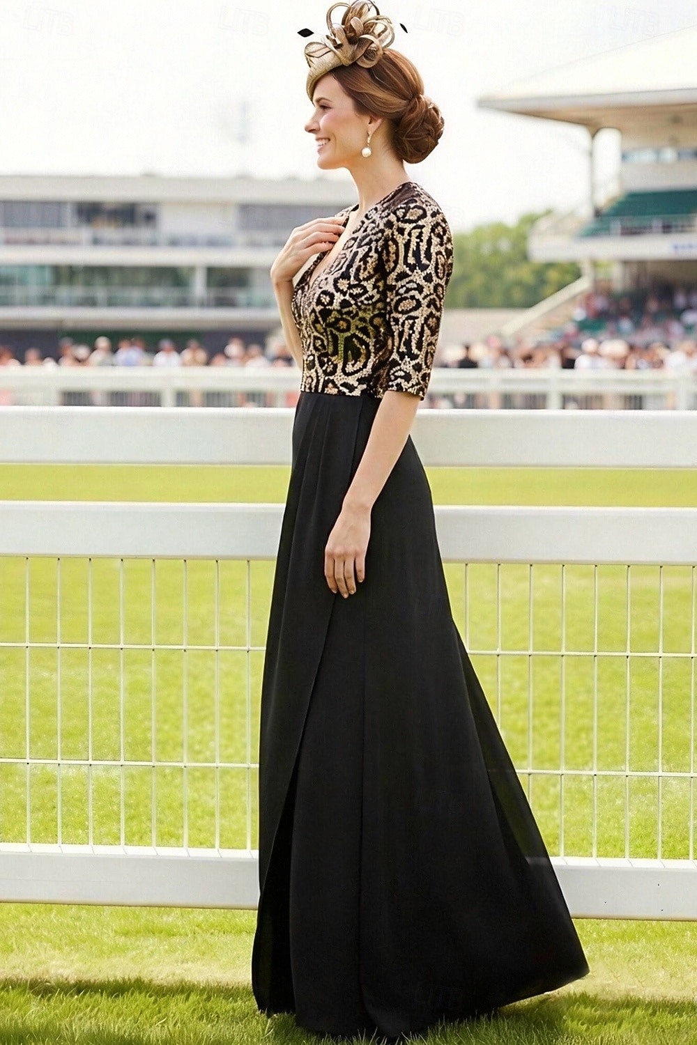 Linea ad A Lunghezza al pavimento Abito Derby Abito da cerimonia per signora Mezza Manica Scollo a V Elegante Brillare & Splendere Derby del Kentucky Raso con Paillettes del 2026 a $172.99 –P3