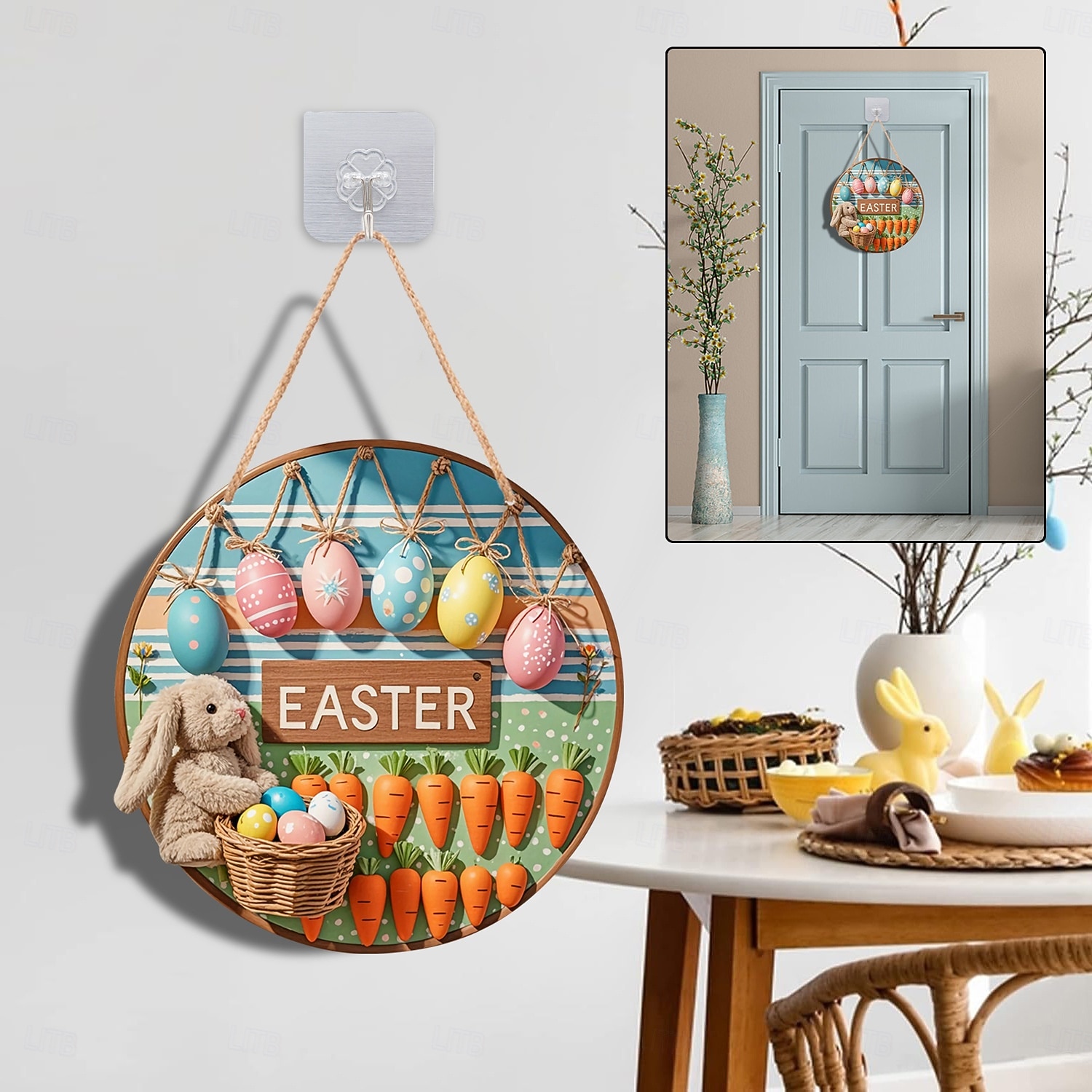 لافتة خشبية لعيد الفصح على شكل أرنب ترحيبي، تُعلق على الباب، تُضفي أجواءً احتفالية، وتُزيّن الجدران، وتُستخدم كخلفية لمهرجان الربيع، وهي مصنوعة يدويًا من الخشب للمنزل أو الشرفة. 2026 - $10.99 –P1