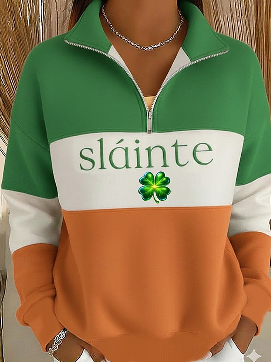 Mikina na Den svatého Patrika pro ženy grafika shamrock casual dlouhý rukáv půlzip běžné vršky casual sváteční zip černá oranžová zelená jaro podzim 2026 - $26.99 –P2