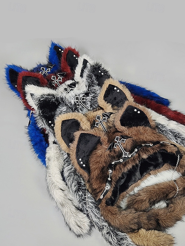 Dámská punková kožišinová čepice s kočkou na Mardi Gras v několika barvách trendy design s křížovými detaily perfektní pro karneval a maškarní plesy 2026 - $26.99 –P8
