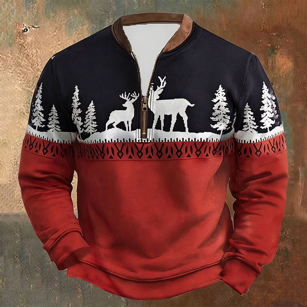 Christmas Men's Reindeer Printing Quarter Zip Sweatshirt Sweatshirts Long Sleeve Sweatshirt Half Zip Vintage Retro Print Holiday Going out Print Fall Winter 2026 - $22.99 –P1