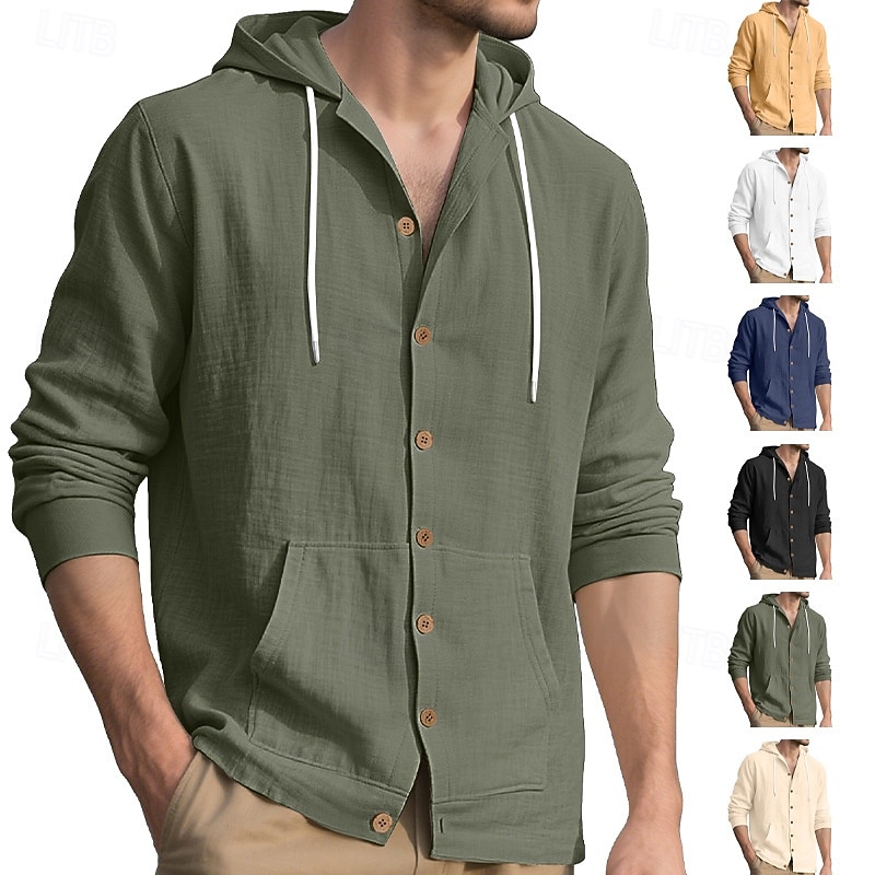 Men's Shirt Linen Shirt Summer Shirt Beach Wear Hooded Shirt Solid Color Vacation Street Black White Yellow Navy Blue Long Sleeve Shirt Collar Summer Spring Clothing Apparel Pocket 2026 - $24.99 –P5
