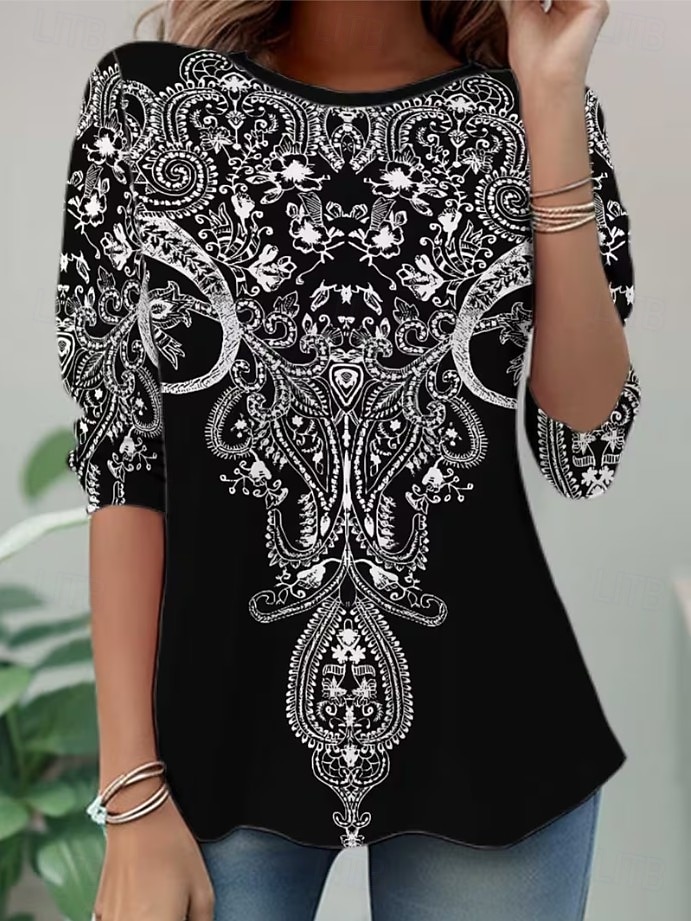Damen T Shirt Druck Grafik Paisley-Muster Vintage Stilvoll Lässig Langarm Rundhalsausschnitt Normale Oberteile Täglich Wochenende Schwarz Weiß Herbst Winter 2026 - $24.99 –P2