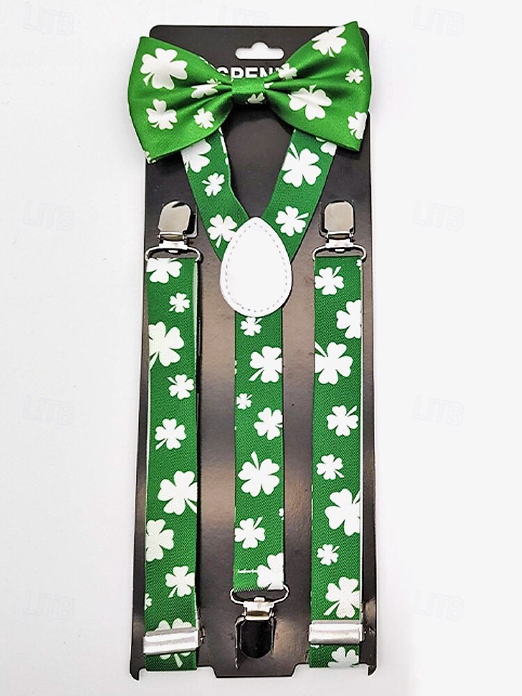 Miesten vihreät apilankuvioiset henkselit ja rusetti, polyesteriä, täydellinen Pyhän Patrickin päivään, karnevaaleille ja arkikäyttöön. 2026 - $11.99 –P3