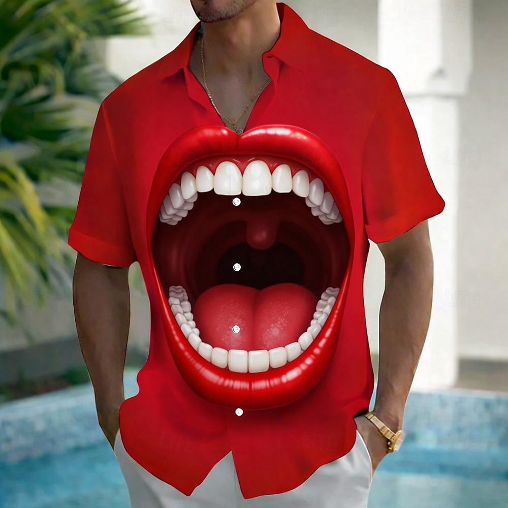 Pánské 3D tisk 3D  komiks Pusa Košile Letní košile Košile na knoflíky Krátký rukáv Legrační Streetwear Dovolená Léto Jaro Přehnutý 3D tisk košile s límečkem Jedna přední kapsa Tmavě červená Rubínov 2026 - $25.99 –P1