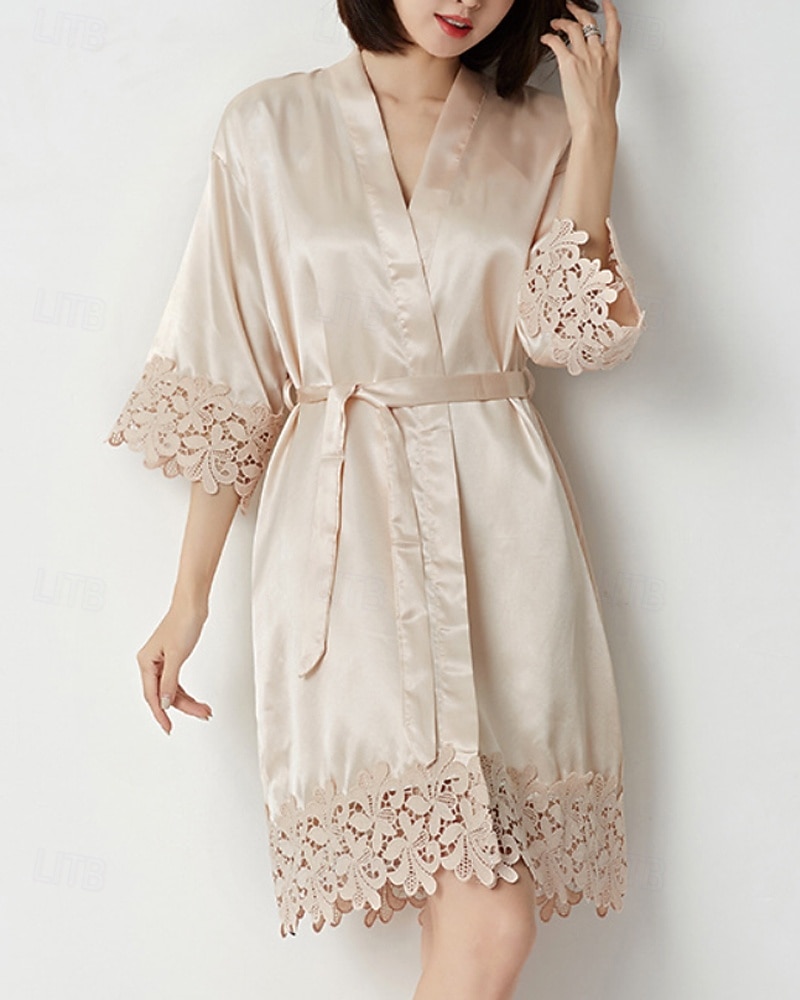 Women's Robe Casual Soft Satin Pure Color Lace Daily Home Bed Half Sleeve V Neck White Champagne Pink Wine Summer Loose Fit 2026 - $23.99 –P2