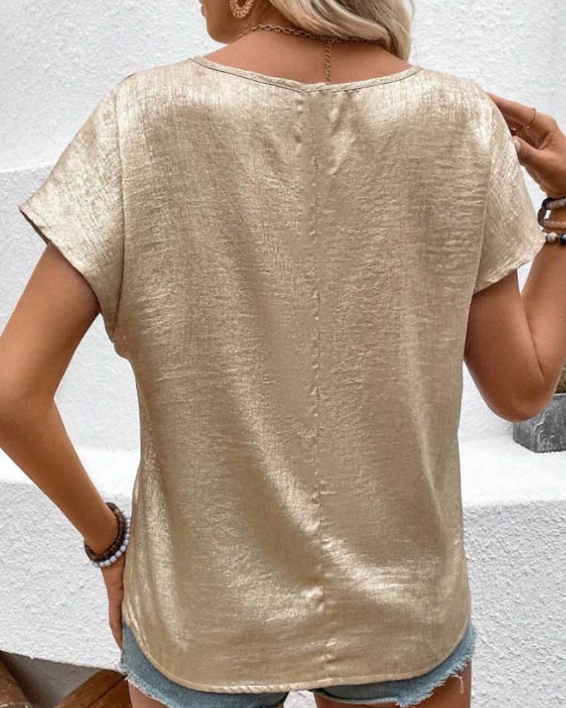Damen Hemd Elegant Satin-Top Bluse Einfach Vintage Stilvoll Kurzarm Rundhalsausschnitt Normale Oberteile Ferien Ausgehen Gold Sommer Frühling 2026 - $24.99 –P5