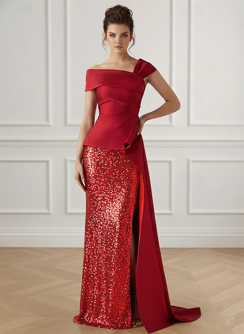 Schlauchkleid Bodenlange Schleppe Abendkleid Ballkleid mit Überrock Festliche Kleidung Elegant Promi-Stil Ärmellos Schulterfrei Gartenparty Hochzeit Stretch Satin Paillettenbesetzt mit Falten 2026 - $149.99 –P4