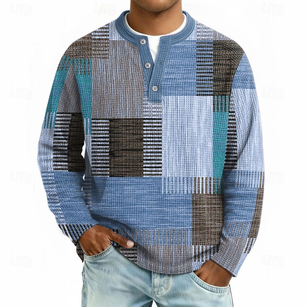Herren Geometrisch Patchwork Waffel-Henley-Hemd Lässiger Stil Klassicher Stil Langarm Mode Designer Basic Lässig Täglich Outdoor Herbst Frühling & Herbst Blau Grau Grün Khaki Henley Henley T-Shirt 2026 - $25.99 –P2