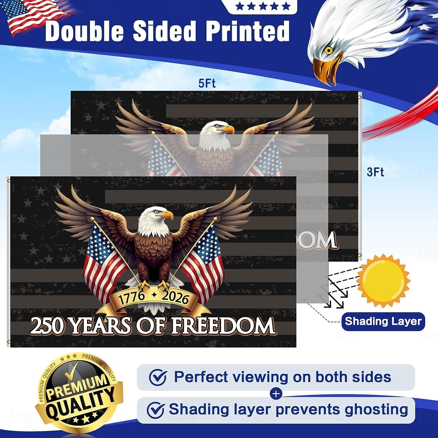 USA:s 250-årsjubileum, amerikansk flagga, dubbelsidig av frihet 1776-2026, patriotisk flagga för 4 juli självständighetsdagen, nationellt firande av femhundraårsjubileum 2026 - SGD S$25.43 –P2
