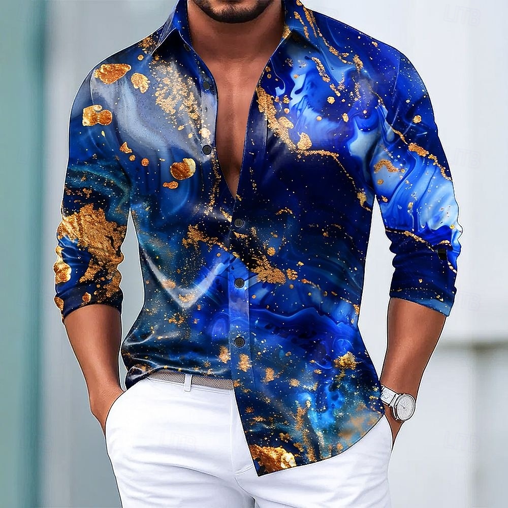Herren Marmor Abstrakte Kunst Farbblockierung Hemd Satinhemd Kleidhemd Langarm Modisch lässig Urlaub Alltagskleidung Sommer Frühling Herbst Umlegekragen 3D-Druck Hemden mit Knopfleiste Blau Purpur 2026 - $29.99 –P1