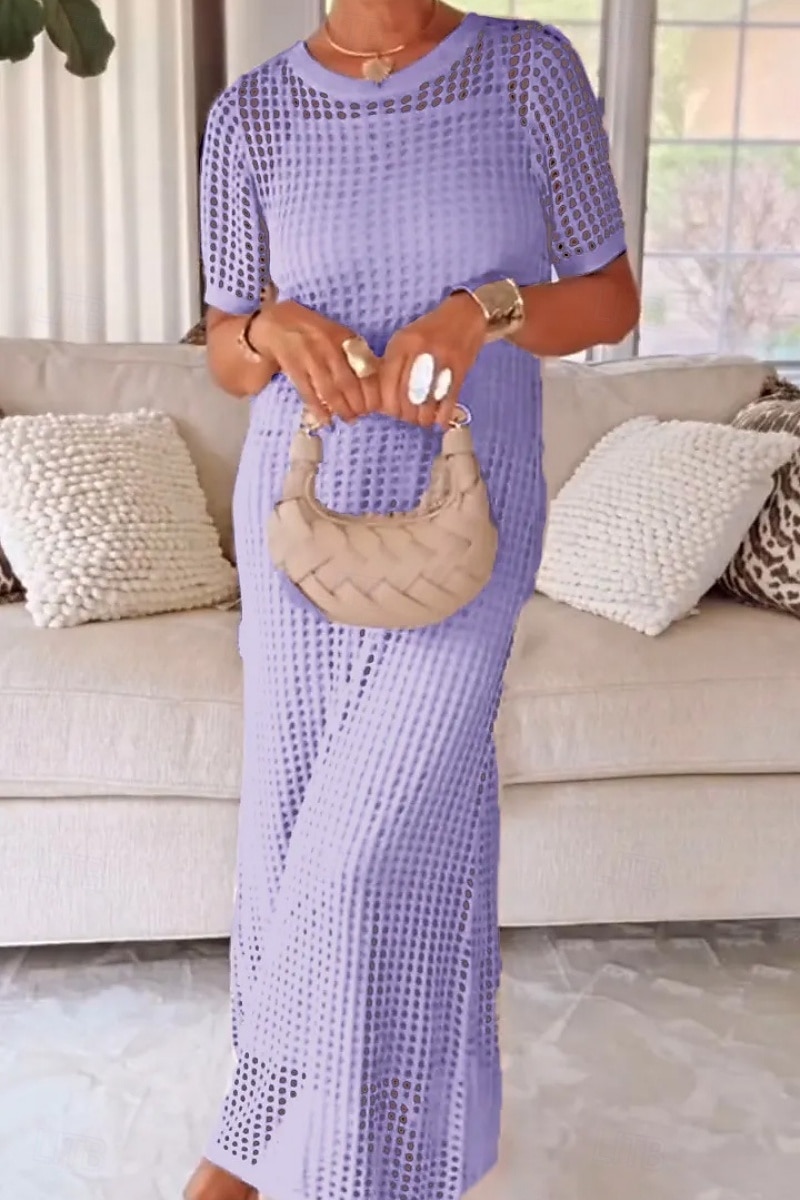 Mujer Conjunto de vestido Vestido de verano Vestido de cambio Vestido de Tul Elegante Casual Plano Ahuecado Vestido Midi Manga Corta Cuello Barco Exterior Playa Blanco Azul Marino Morado Verano 2026 - $51.99 –P1