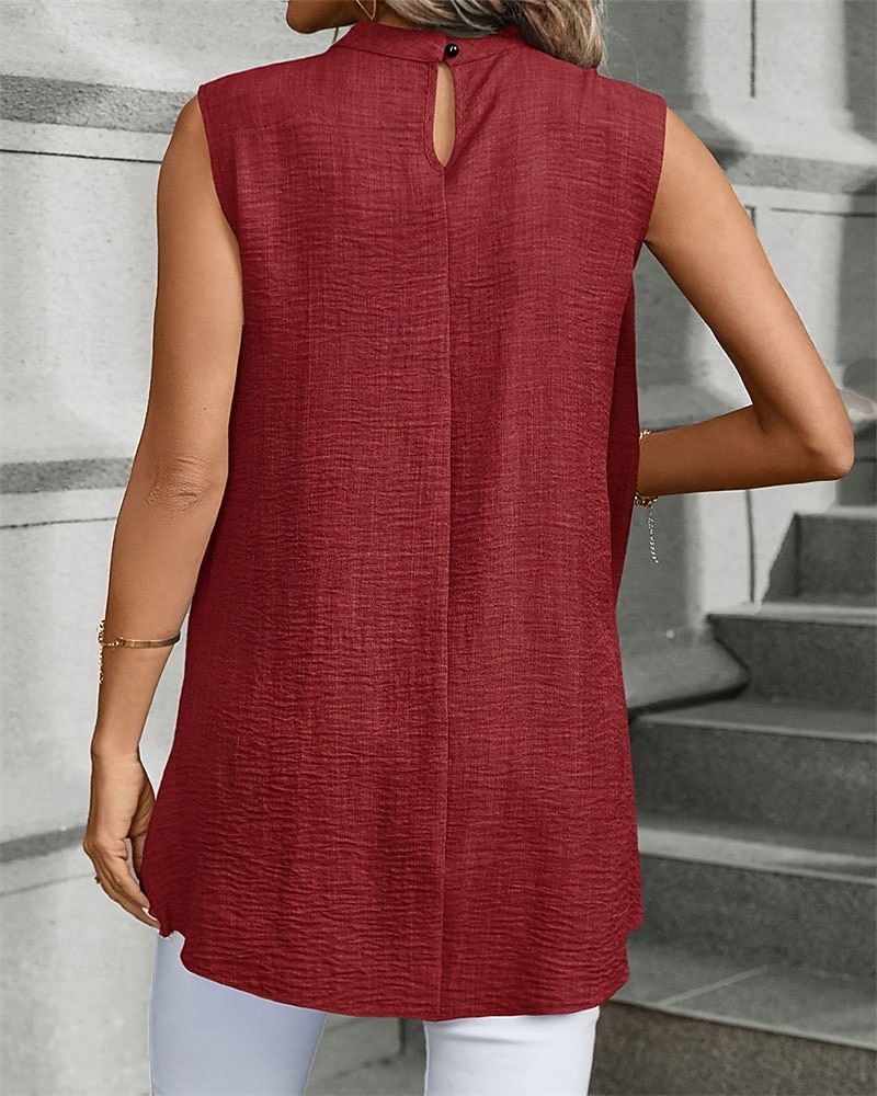 Women's Summer Tops Blouse Dressy Tops Ruched Patchwork Buttons Solid Color Plain Elegant Vintage Daily Sleeveless Crew Neck Regular Tops Daily Work Holiday Blue Black Wine Royal Blue Khaki Summer 2026 - BHD 9.26 –P8