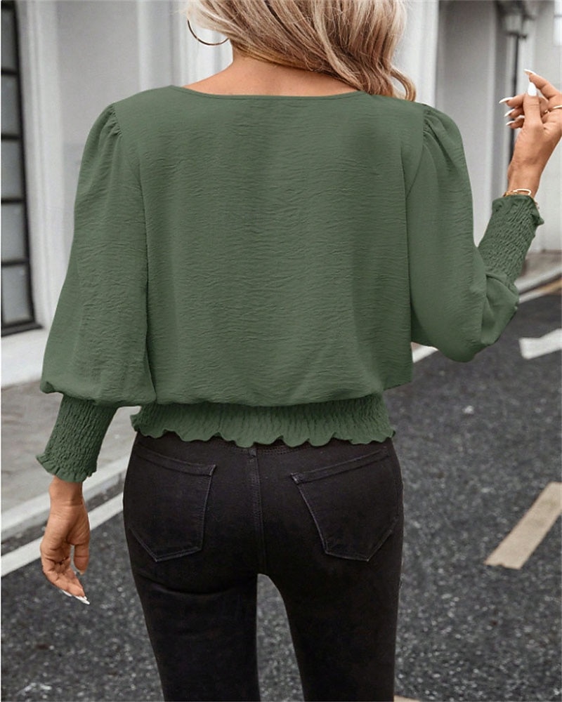 Per donna Blusa Top Eleganti Arricciato Patchwork Tinta unica Semplice Elegante Vintage Signore Manica Lunga Girocollo Top Regolari Quotidiano Lavoro Uscire Blu Nero Bianco Rosa Verde Estate Primavera del 2026 a $25.99 –P8