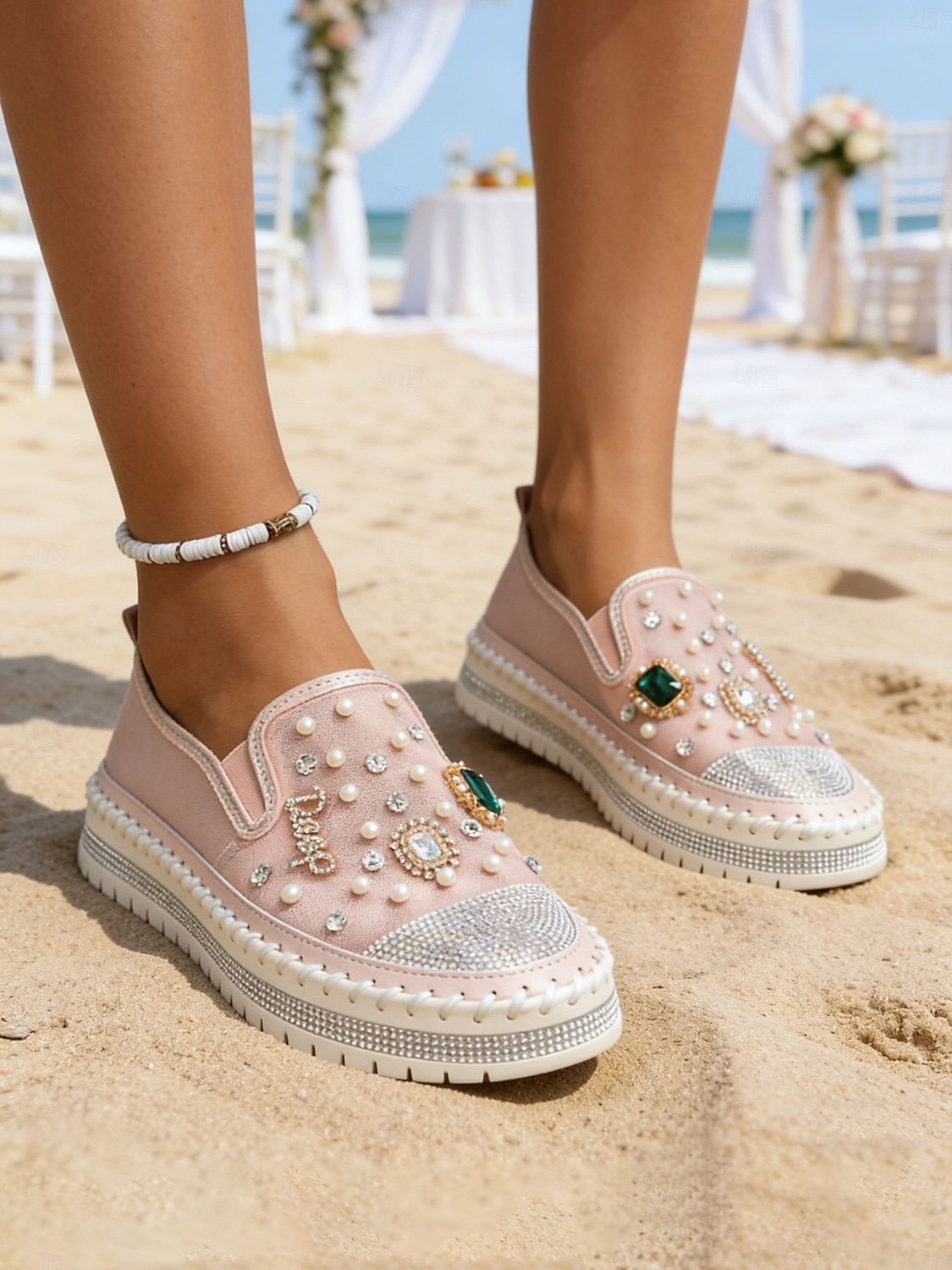 Met parels versierde bruidssneakers voor dames - elegante instapschoenen met strass steentjes voor strandbruiden 2026 - $42.99 –P5