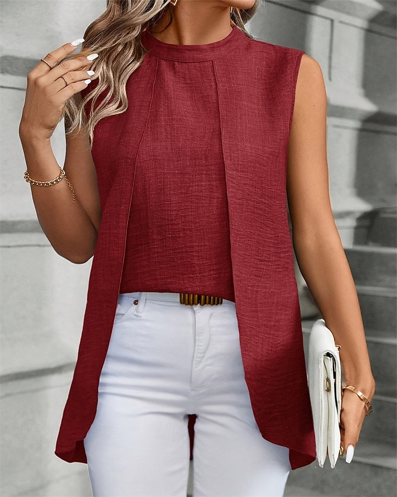 Women's Summer Tops Blouse Dressy Tops Ruched Patchwork Buttons Solid Color Plain Elegant Vintage Daily Sleeveless Crew Neck Regular Tops Daily Work Holiday Blue Black Wine Royal Blue Khaki Summer 2026 - BHD 9.26 –P7