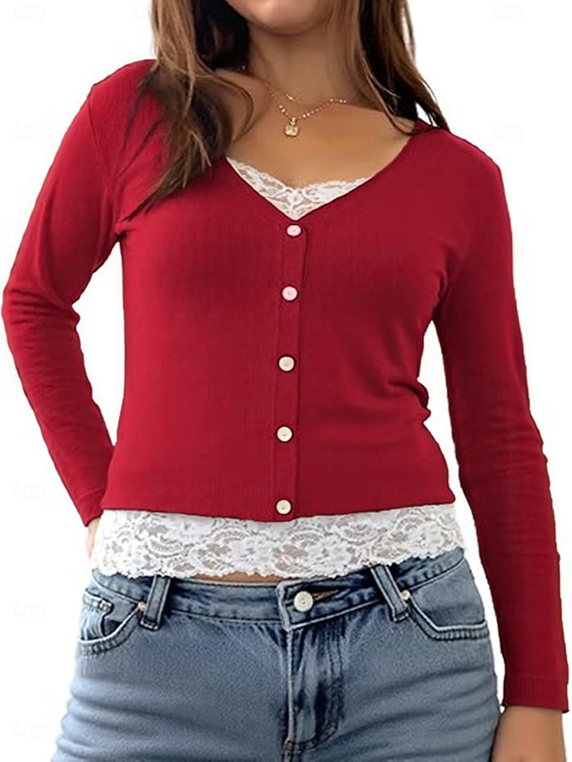 Mulheres Blusa Renda Patchwork Botões Côr Sólida Elegante à moda Casual Manga Longa Decote V Tops regulares Diário Preto Rosa Vermelho Marron Verde Primavera Outono Inverno de 2026 por $25.99 –P10