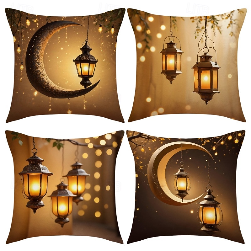 Capa de almofada decorativa para o Ramadã e Eid, lua crescente dourada &Almofada de sofá em estilo étnico com estampa de lanternas, decoração para festivais do Oriente Médio, ideal para sala de estar de 2026 por $13.99 –P3