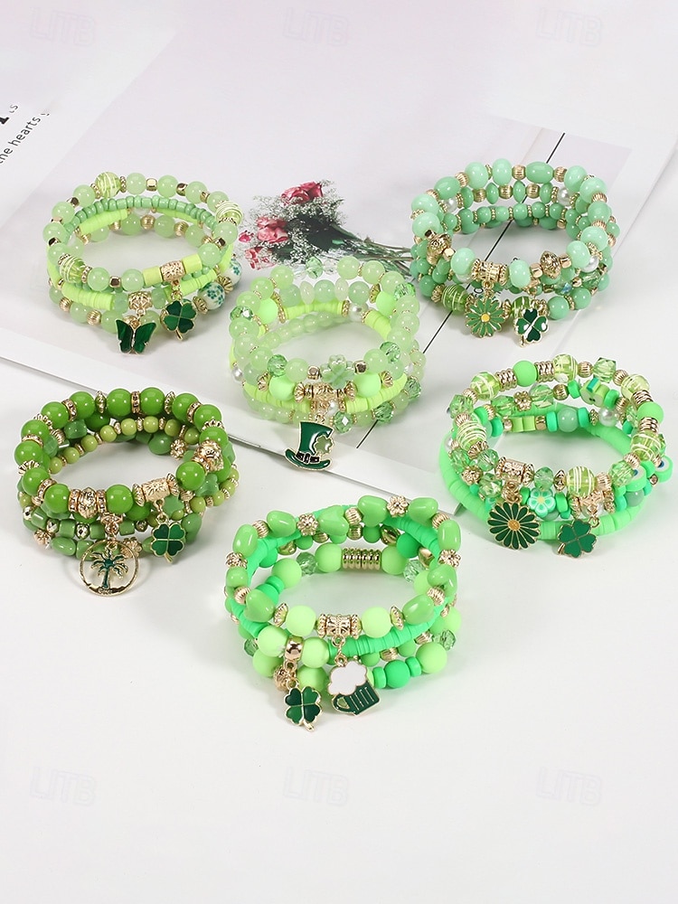 Conjunto de pulseiras femininas para o Dia de São Patrício, pulseiras empilháveis de várias voltas com contas verdes, estilo trevo da sorte, materiais de liga metálica e cristais sintéticos, joias festivas irlandesas para mulheres. de 2026 por $9.99 –P8