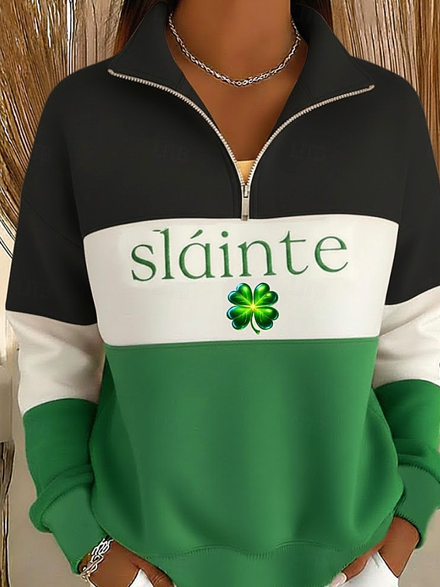 Mikina na Den svatého Patrika pro ženy grafika shamrock casual dlouhý rukáv půlzip běžné vršky casual sváteční zip černá oranžová zelená jaro podzim 2026 - $26.99 –P3