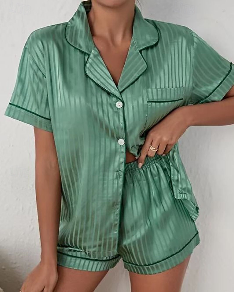 Dames Loungewear Pyjamaset Modieus Casual Zacht Heldere kleur Lapwerk Knop Korte broek Huis Vakantie Korte mouw Revers Wit Blozend Roze Groen Donkerblauw Zomer Lente Herfst Normale pasvorm 2026 - $22.99 –P2