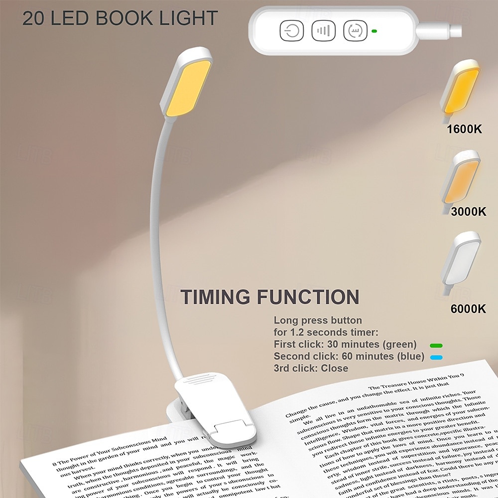 2026年 充電式読書灯。ベッドでの読書に最適。20個のLEDとメモリ機能付き。3つの色温度、5つの明るさレベル。フレキシブルなグースネック、軽量なクリップブック読書灯。  コレクション – $20.99 –P9