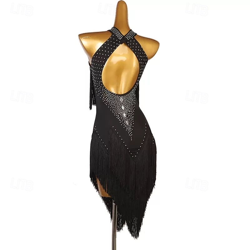 Κομψό μαύρο γυναικείο φόρεμα λάτιν χορού - ψεύτικο ντεκολτέ με τιράντες και λεπτομέρειες από στρας, κρόσσια &ασύμμετρο στρίφωμα rumba salsa cha-cha φόρεμα 2026 - $199.99 –P2