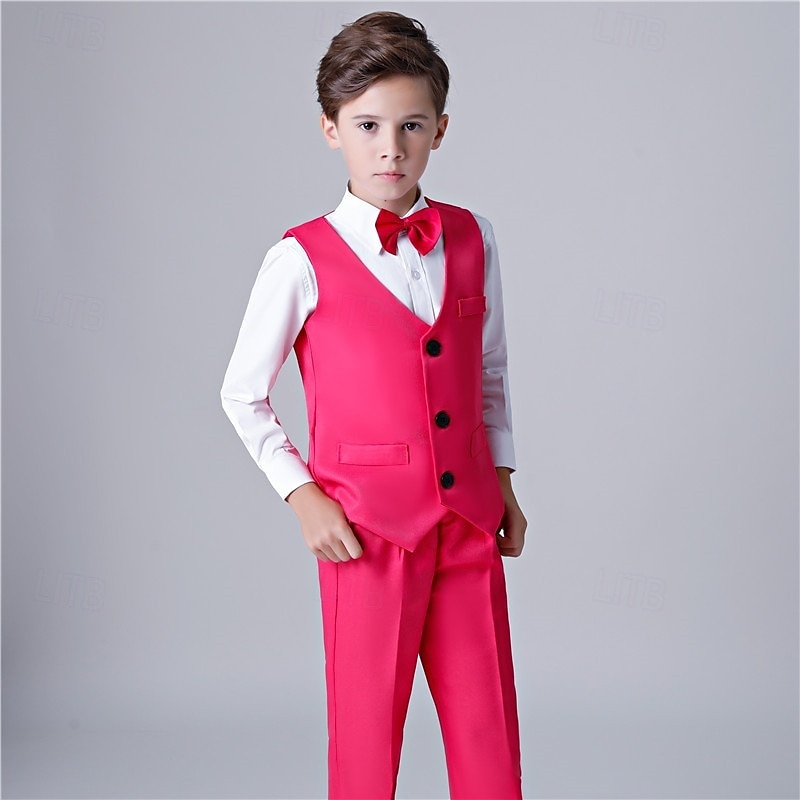 Costume de garçon d'honneur 4 pièces avec gilet & chemise  &Pantalon garçon, costume habillé décontracté, tenue de soirée tendance pour les fêtes en extérieur, basique et élégant, couleur unie bleu, de 2026 ? $33.99 –P9