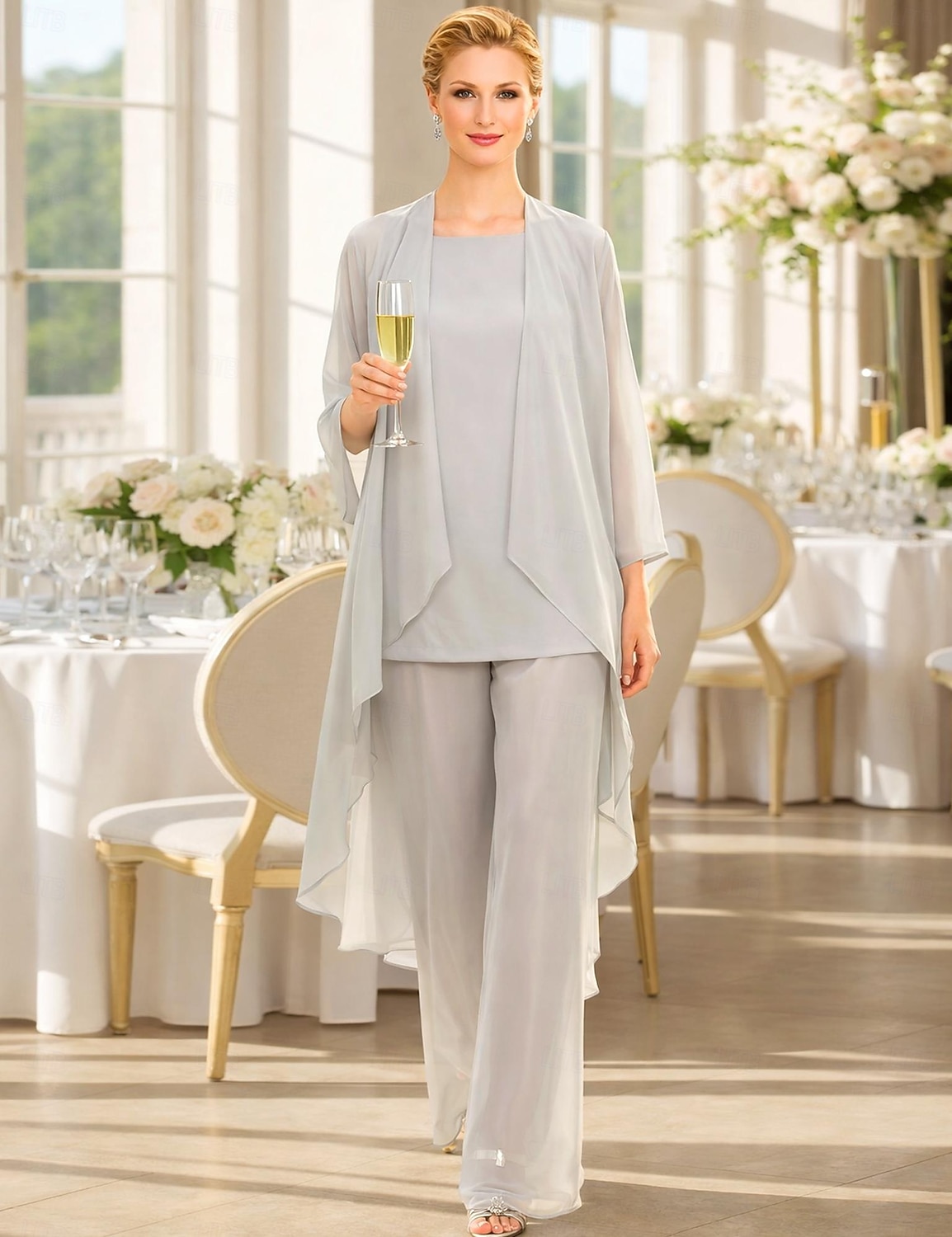 Traje de pantalón Traje de 3 piezas Hasta el Suelo Vestido de Madrina Sin Mangas Barco de cuello Elegante Talla Grande Bolero incluido Invitado a la boda Gasa Vestidos de chaqueta con Un Color 2026 - $137.99 –P1