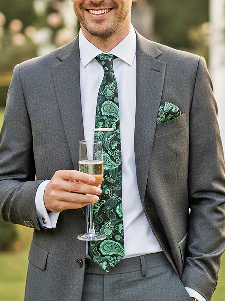 Geschenkset für Herren aus Polyester mit Paisley-Muster: Krawatte, Manschettenknöpfe, Einstecktuch und Krawattenklammer – perfekt für Hochzeiten und als Geschenk. 2026 - $14.99 –P2