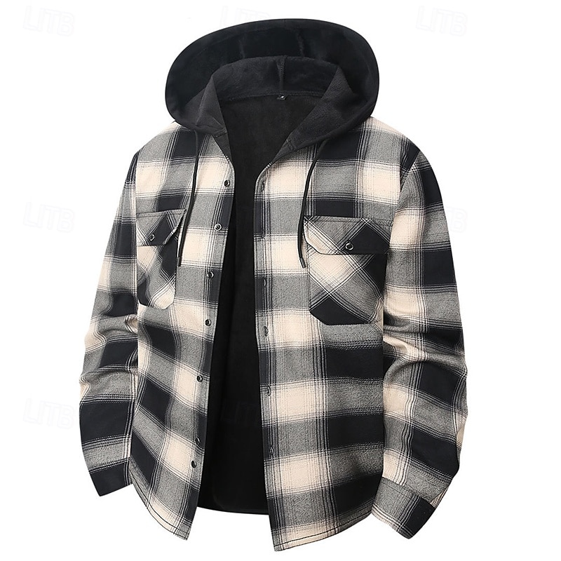 Муж. Зимнее пальто Флисовая жилетка Повседневная куртка Повседневные на открытом воздухе Сохраняет тепло Карман Осень Зима В клетку Уличный стиль Повседневные Капюшон Обычная 2026 - $31.99 –P8